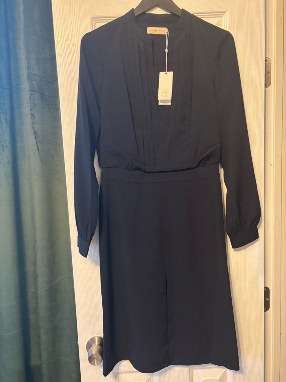Tory Burch Navy Long-Sleeve Pleated Front Dress